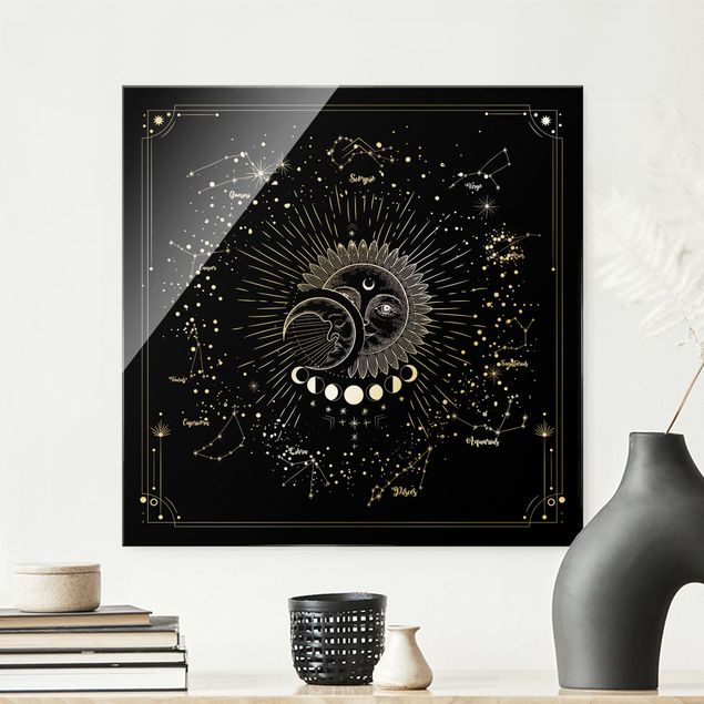 Lavagna magnetica vetro Astrologia Sole Luna e Stelle Nero