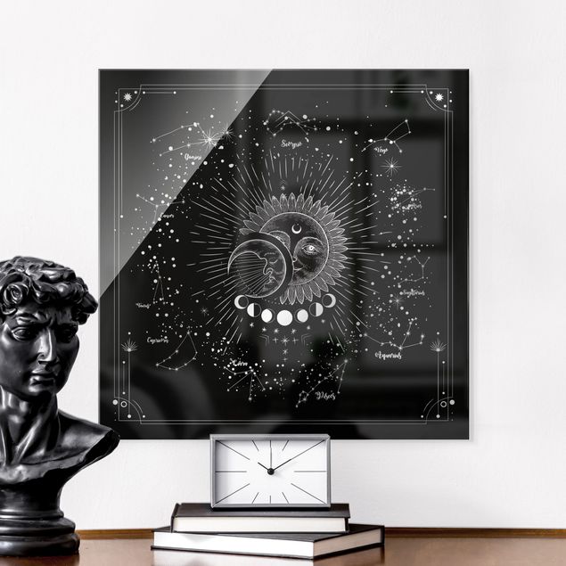 Lavagna magnetica vetro Astrologia Sole Luna e Stelle Nero