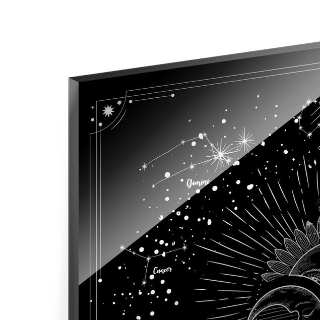 Quadro in vetro - Astrologia Sole Luna e stelle in nero - Quadrato