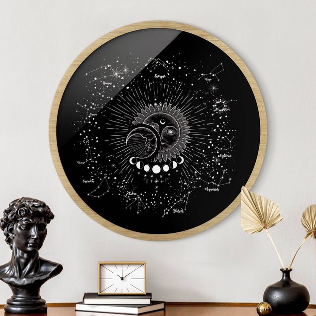 Poster con cornice rotonda Astrologia Sole Luna e Stelle Nero