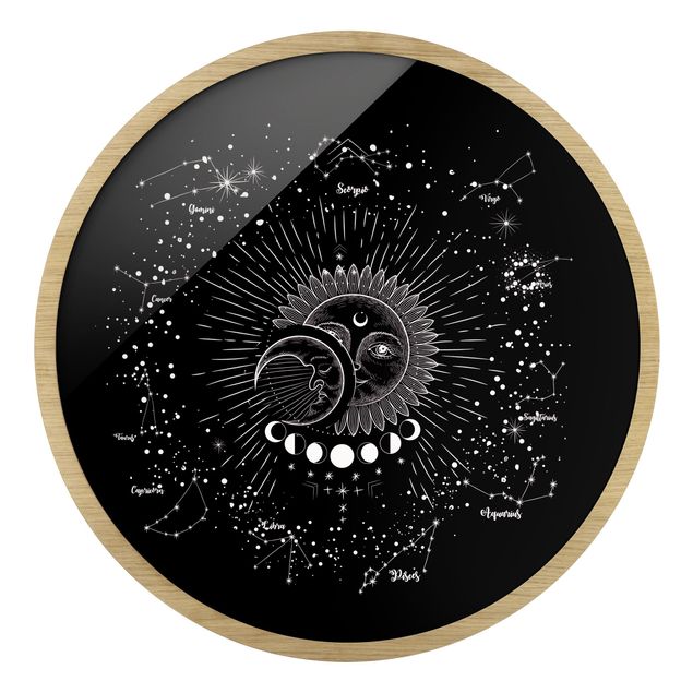Quadro rotondo incorniciato - Astrologia Sole Luna e stelle in nero