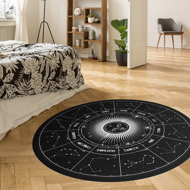 Tappeto nero salotto Astrologia Segno zodiacale in un cerchio solare nero