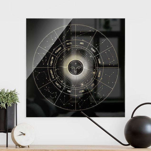 Lavagna magnetica in vetro Astrologia Segno zodiacale in un cerchio solare nero