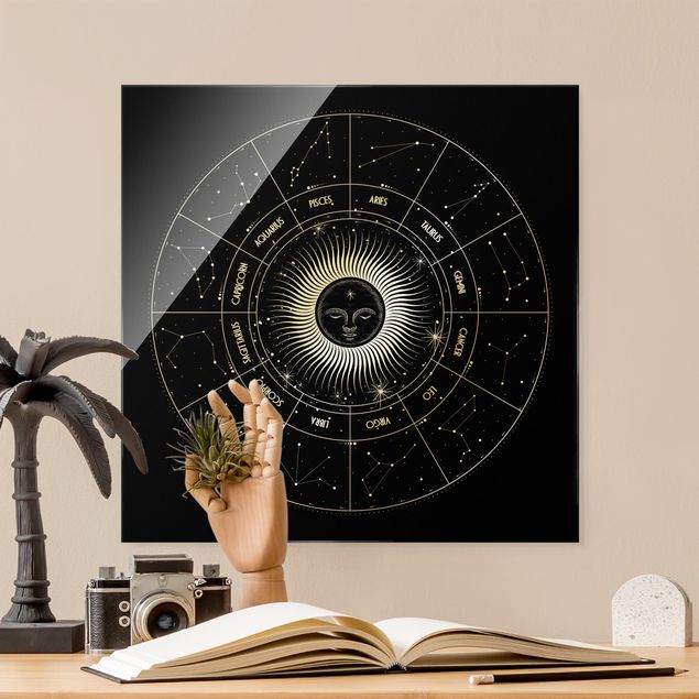 Quadro in vetro - Astrologia segni zodiacali in cerchio solare in nero - Quadrato