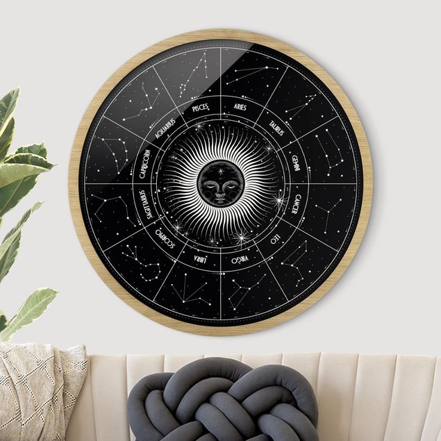 Poster con cornice rotonda Astrologia Segno zodiacale in un cerchio solare nero