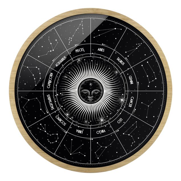 Quadro rotondo incorniciato - Astrologia segni zodiacali in cerchio solare in nero