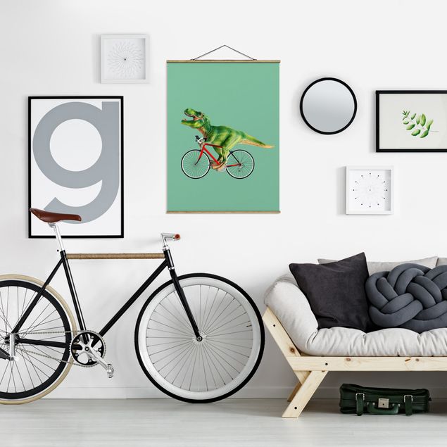 Foto su tessuto da parete con bastone - Dinosauro con la bicicletta - Verticale 4:3