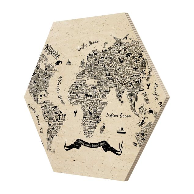 Esagono in legno - Tipografia Bianco mappa del mondo