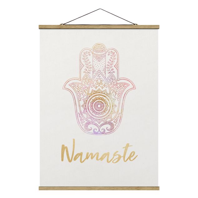 Foto su tessuto da parete con bastone - Illustrazione Hamsa mano Namaste oro rosa - Verticale 4:3