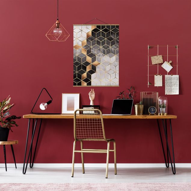 Foto su tessuto da parete con bastone - Elisabeth Fredriksson - Bianco e oro Geometria Nero - Verticale 4:3