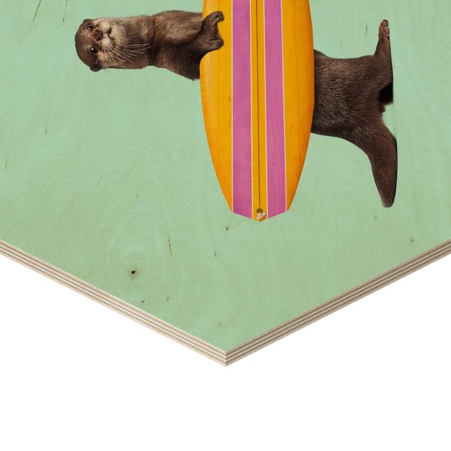 Esagono in legno - Lontra con il surf