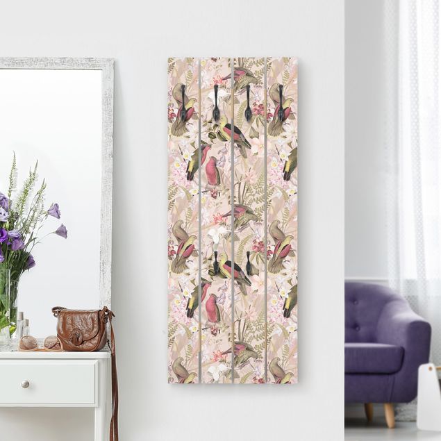 Appendiabiti in legno - Uccelli rosa pastello con i fiori - Ganci cromati - Verticale