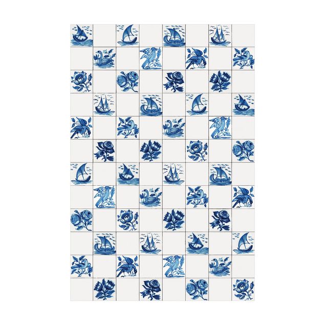 Tappeto blu soggiorno Piastrelle dipinte a mano con fiori, navi e uccelli