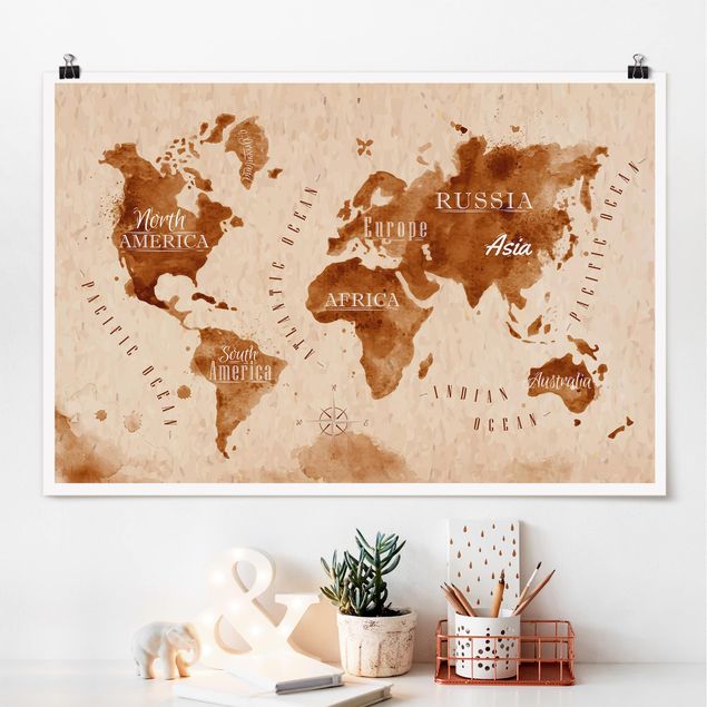 Poster illustrazioni Mappa del mondo Acquerello Beige Marrone