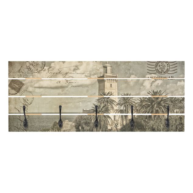 Appendiabiti in legno - Cartolina con faro e Palme - Ganci cromati - Orizzontale