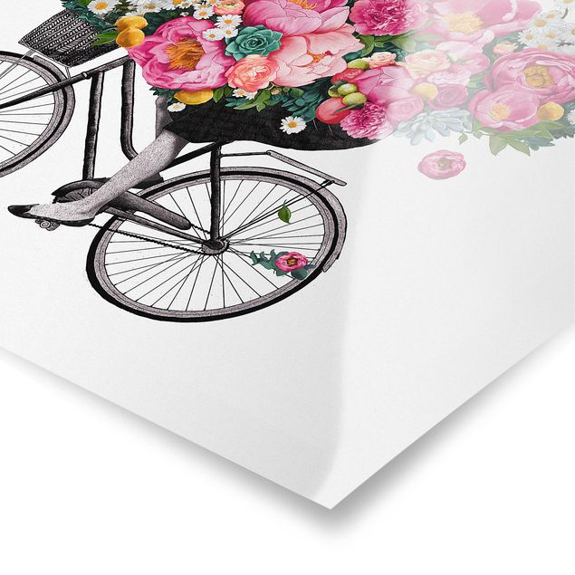 Poster - Illustrazione Donna in bicicletta Collage fiori variopinti - Orizzontale 3:4