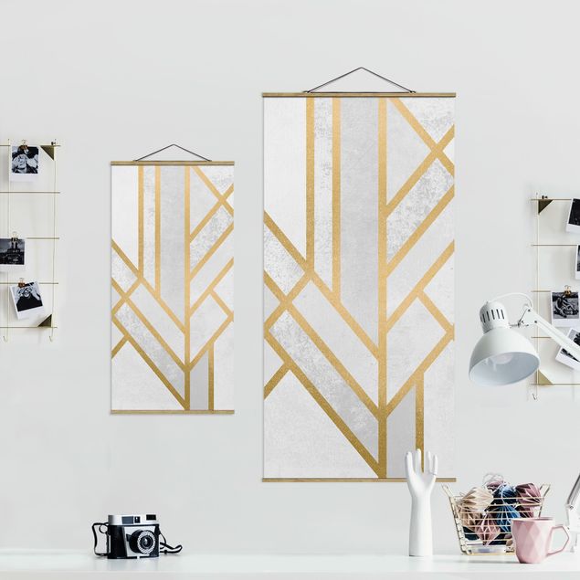 Quadro su tessuto con stecche per poster - Elisabeth Fredriksson - Art Deco Geometria oro bianco - Verticale 2:1