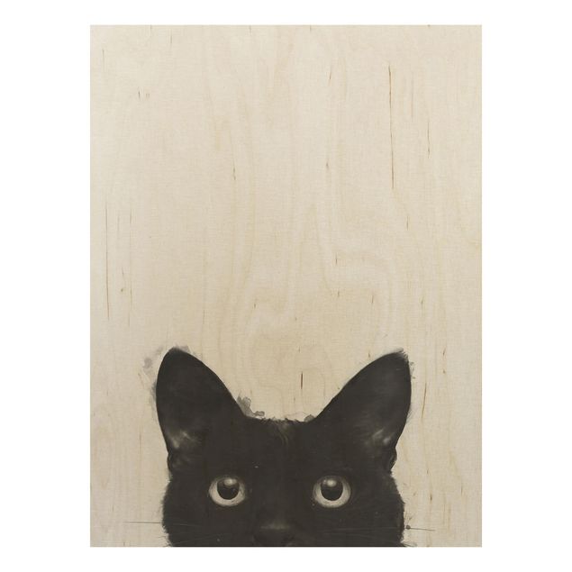 Stampa su legno - Illustrazione pittura Gatto nero su bianco - Verticale 4:3