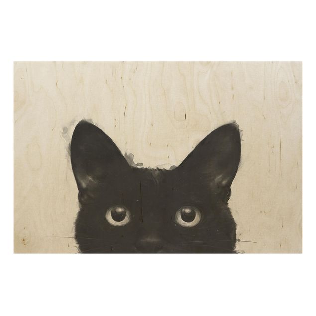 Stampa su legno - Illustrazione pittura Gatto nero su bianco - Orizzontale 2:3