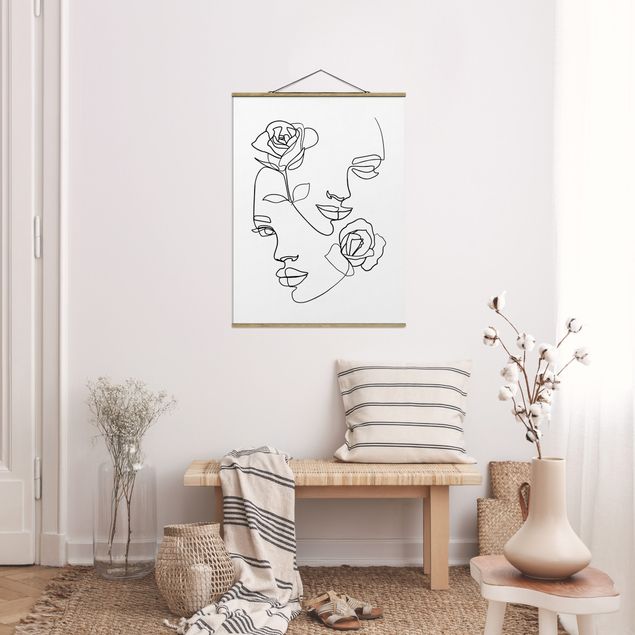 Foto su tessuto da parete con bastone - Line Art Faces donne Roses Bianco e nero - Verticale 4:3