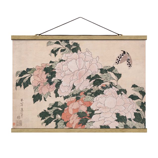 Foto su tessuto da parete con bastone - Katsushika Hokusai - Rosa peonie con la farfalla - Orizzontale 2:3
