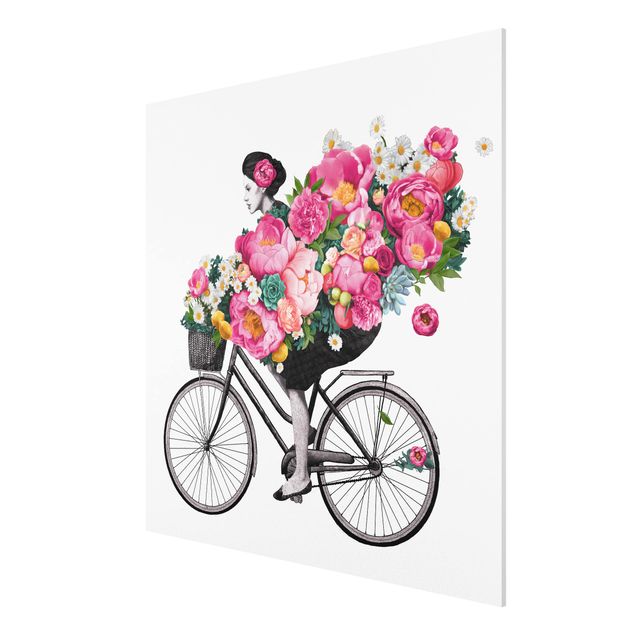 Stampa su Forex - Illustrazione Donna in bicicletta Collage fiori variopinti - Quadrato 1:1