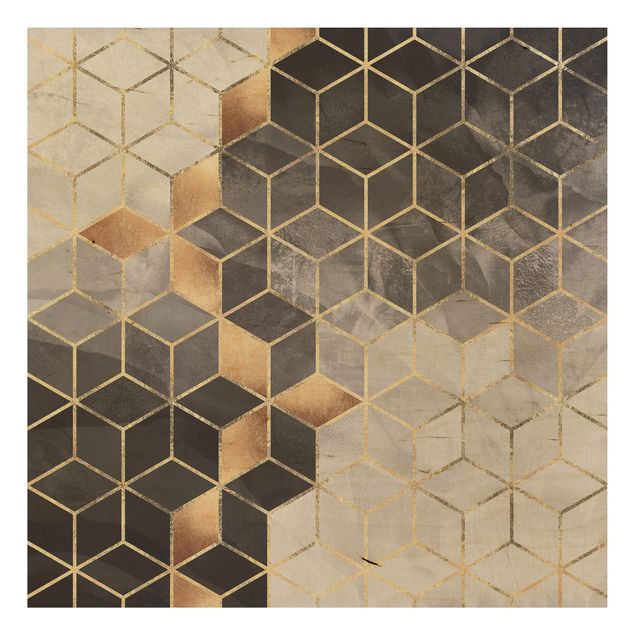 Stampa su legno - Bianco e oro Geometria Nero - Quadrato 1:1