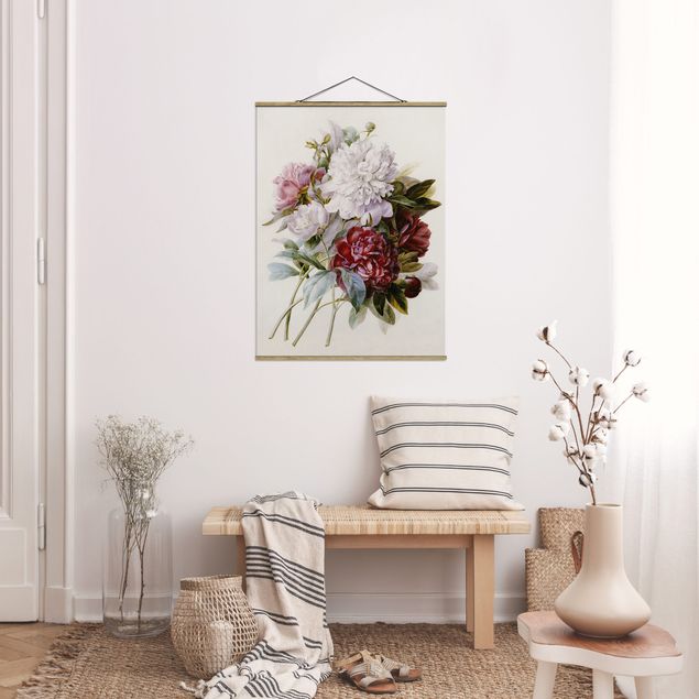 Foto su tessuto da parete con bastone - Pierre Joseph Redoute - bouquet di rosso, viola e bianco Peonie - Verticale 4:3