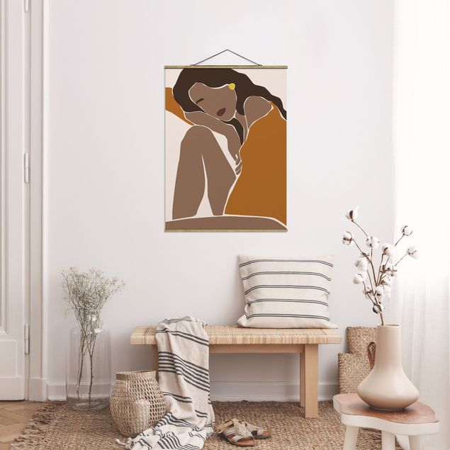 Foto su tessuto da parete con bastone - Line Art Woman Marrone Beige - Verticale 4:3