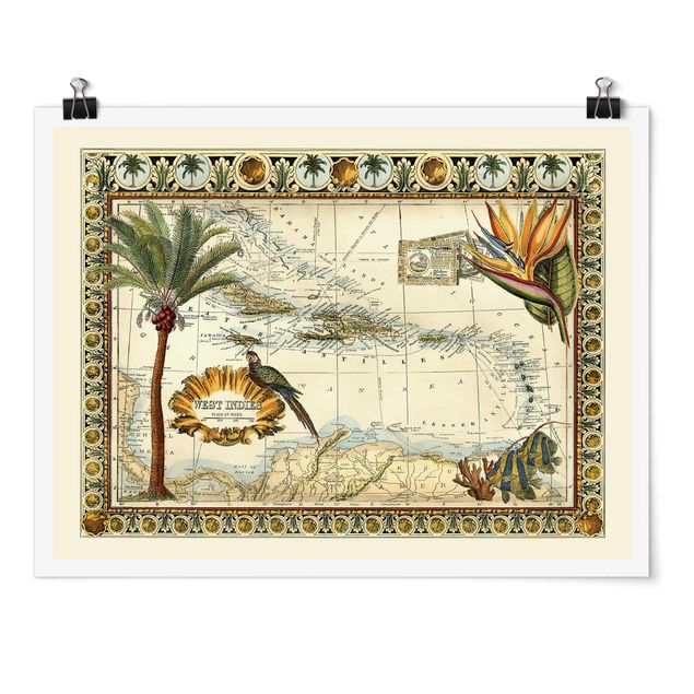 Poster - Vintage Tropical Mappa West India - Orizzontale 3:4