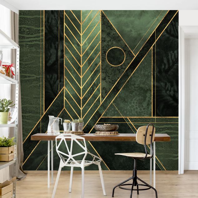 carta da parati effetto acquerello Forme geometriche oro smeraldo