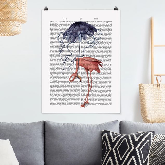 quadri con animali Lettura con animali - Fenicottero con ombrello