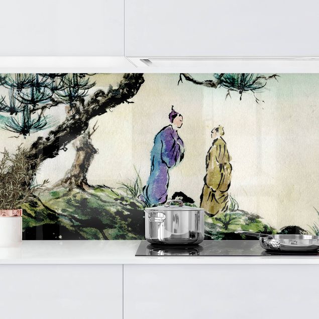 Rivestimenti cucina pannello Disegno acquerello giapponese pino e villaggio di montagna