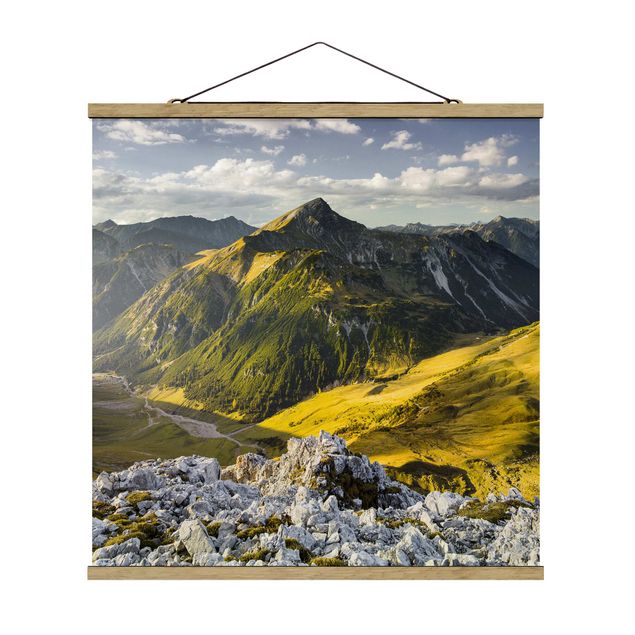 Quadro su tessuto con stecche per poster - Montagne e valle delle Alpi Lechtal in Tirolo - Quadrato 1:1