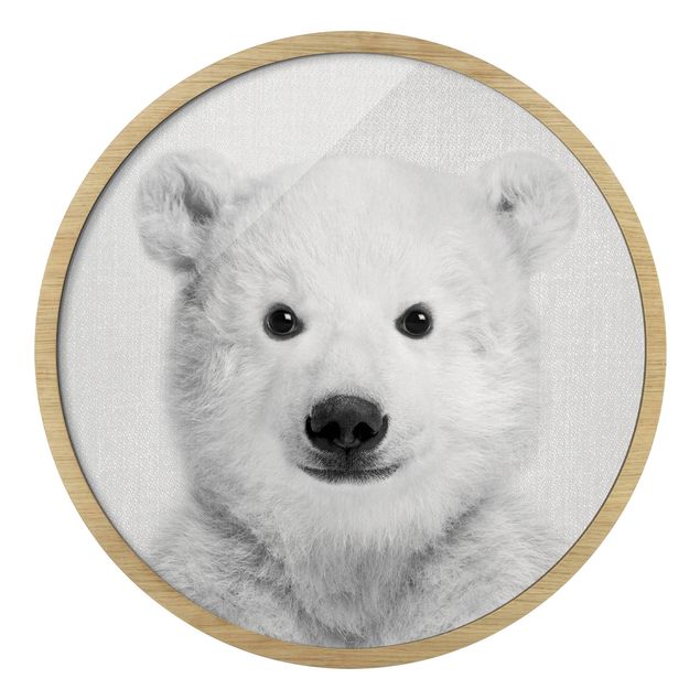 Quadro rotondo incorniciato - Piccolo orso polare Emil in bianco e nero