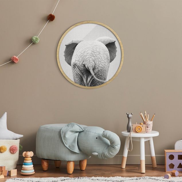 Poster con cornice rotonda Elefantino da dietro bianco e nero