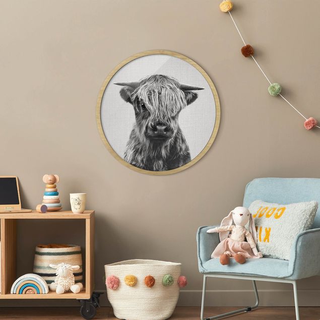 Poster con cornice rotonda Cucciolo di mucca Highland Henri Bianco e Nero