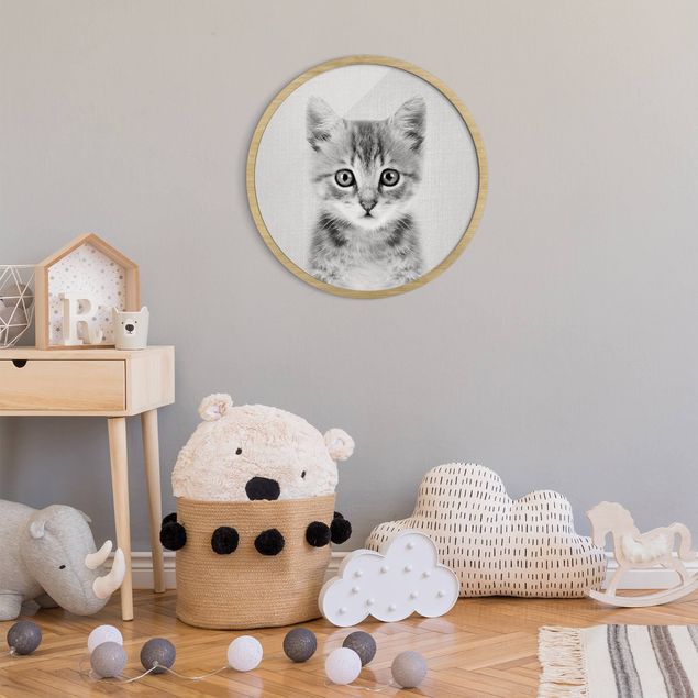 Poster con cornice rotonda Cucciolo di gatto Killi Bianco e Nero