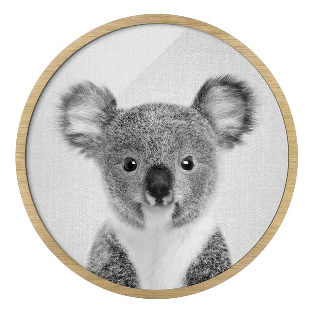 Quadro rotondo incorniciato - Piccolo koala Klara in bianco e nero