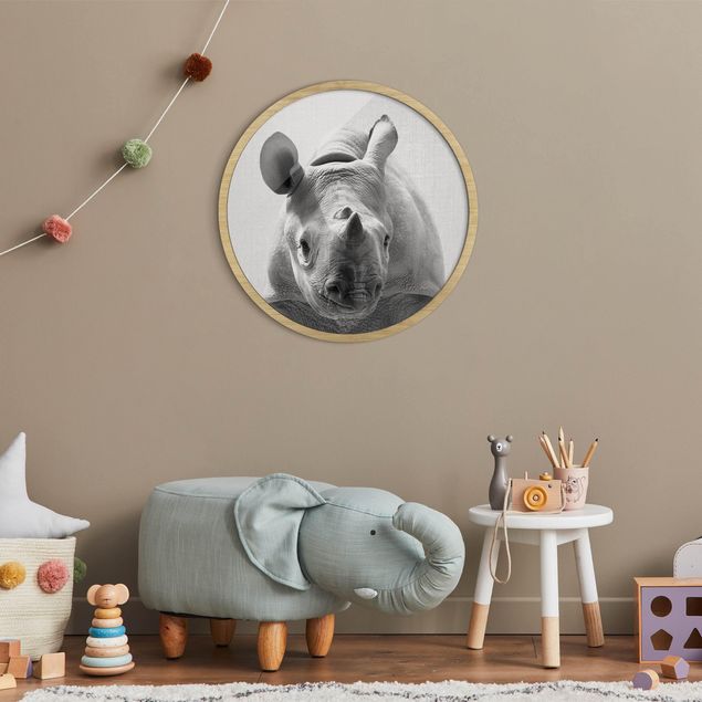 Poster con cornice rotonda Piccolo rinoceronte Nina bianco e nero