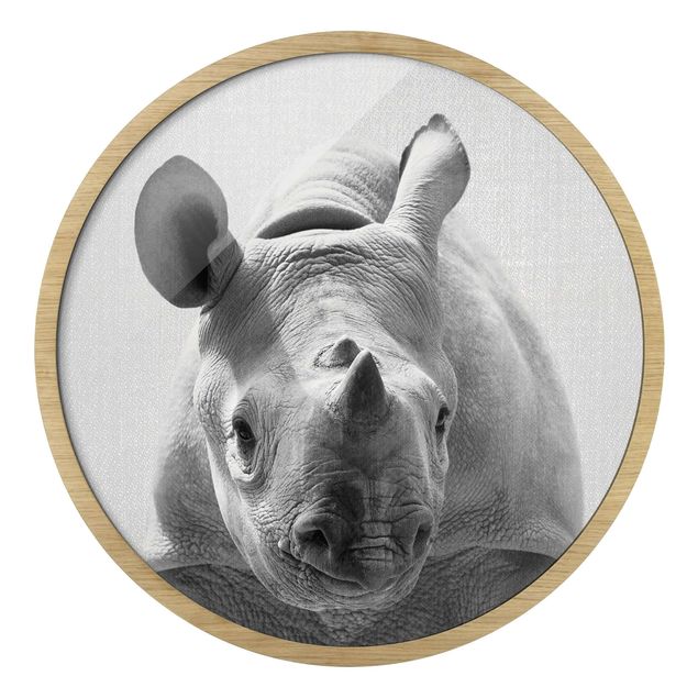 Quadro rotondo incorniciato - Piccolo rinoceronte Nina in bianco e nero