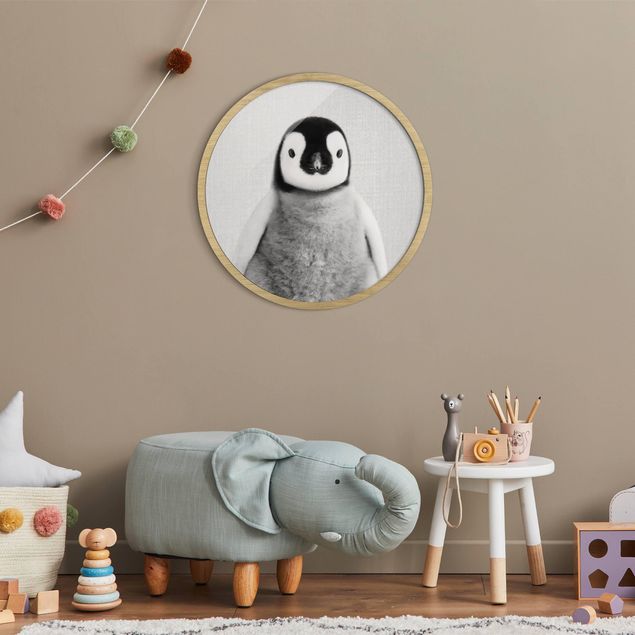 Poster con cornice rotonda Piccolo Pinguino Pepe Bianco e Nero
