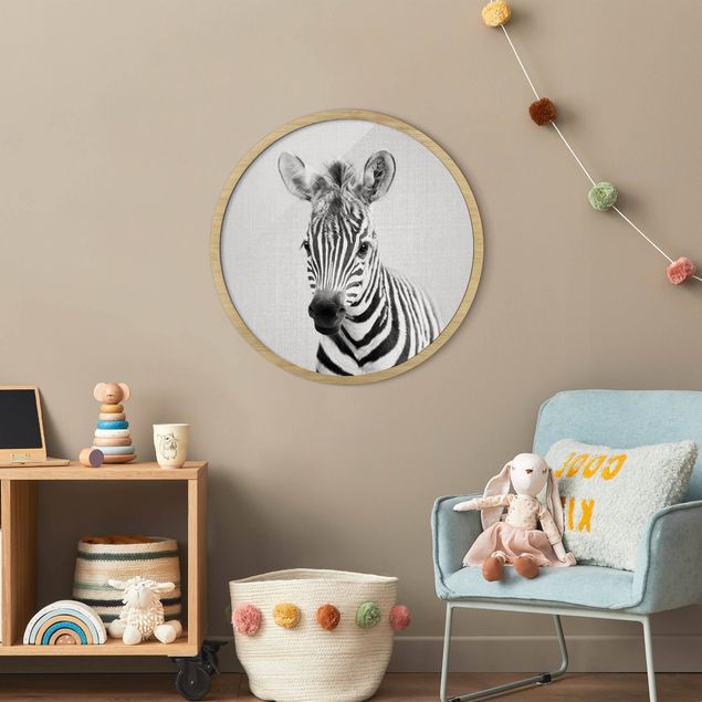 Poster con cornice rotonda Cucciolo di Zebra Zoey Bianco e Nero
