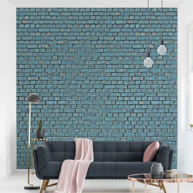 Carta da parati - Brick tile wallpaper turquoise blue