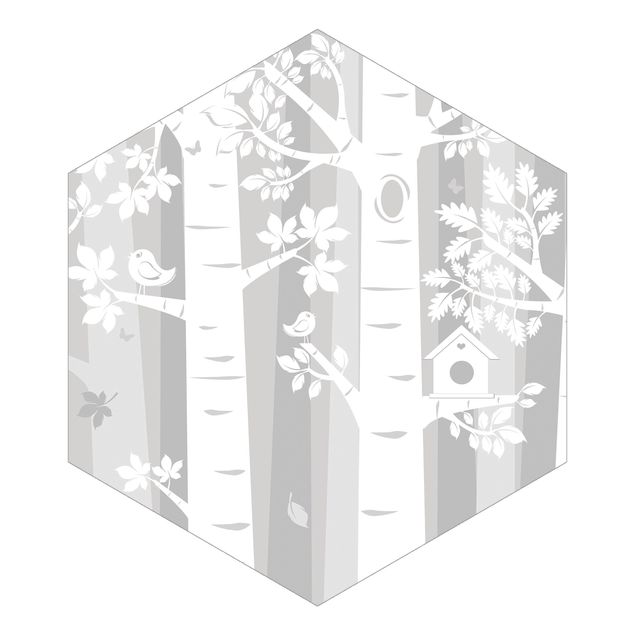 Carta da parati esagonale adesiva con disegni - Alberi nella foresta in grigio