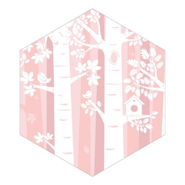 Carta da parati esagonale adesiva con disegni - Alberi nella foresta in rosa