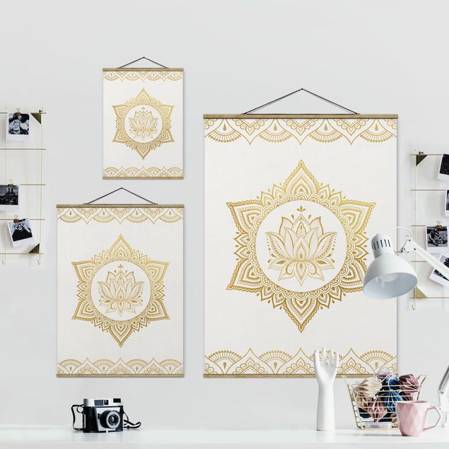 Foto su tessuto da parete con bastone - Mandala Lotus illustrazione ornamento oro bianco - Verticale 4:3