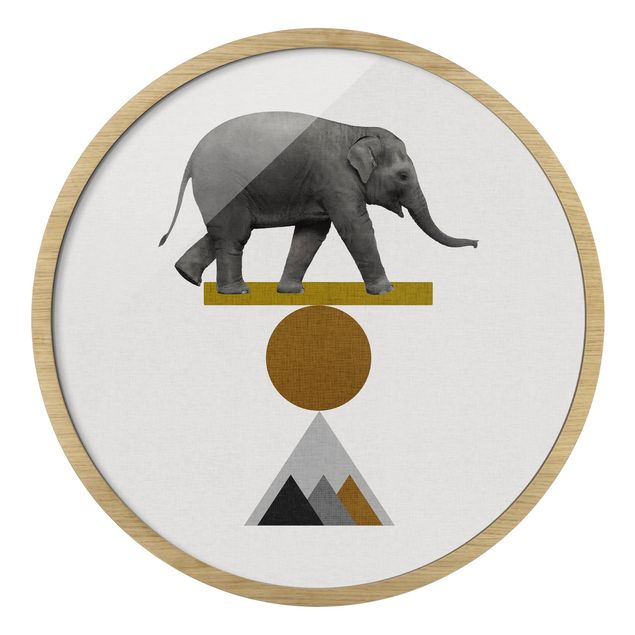 Quadro rotondo incorniciato - Elefante nell'arte dell'equilibrio