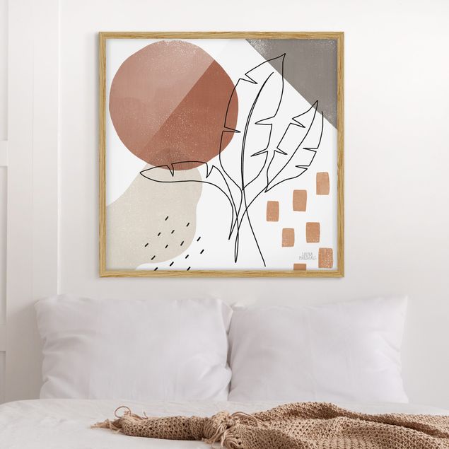 Poster con cornice - Line Art - Palme con banane e colori terracotta
