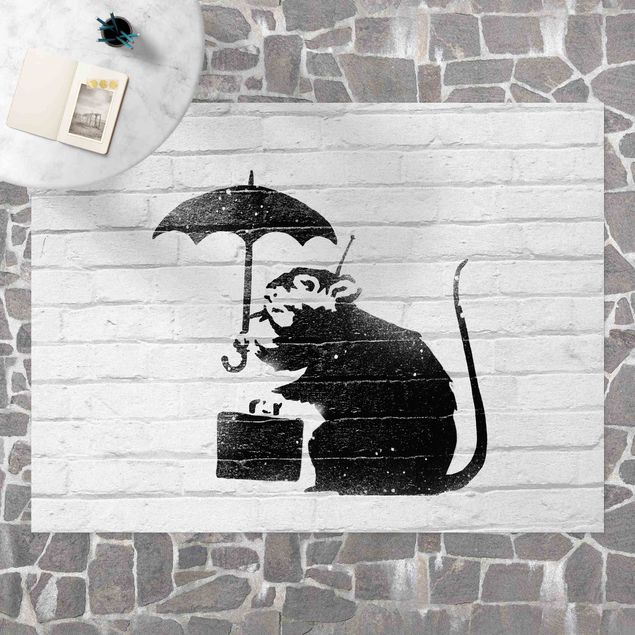 Tappeto bianco e nero moderno Ratto con ombrello - Brandalised ft. Graffiti by Banksy